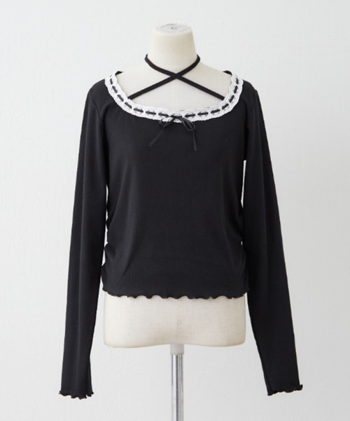 continuer de NICE CLAUP（コンティニューデナイスクラップ）の「衿レースリボンテレコトップス（Tシャツ/カットソー・レディース・その他11/ドット/アイボリー/ブラック・FREE）」の17枚目の写真