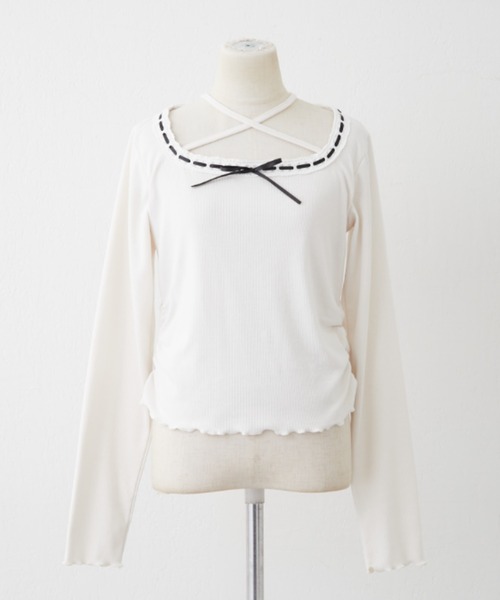 continuer de NICE CLAUP（コンティニューデナイスクラップ）の「衿レースリボンテレコトップス（Tシャツ/カットソー・レディース・その他11/ドット/アイボリー/ブラック・FREE）」の18枚目の写真