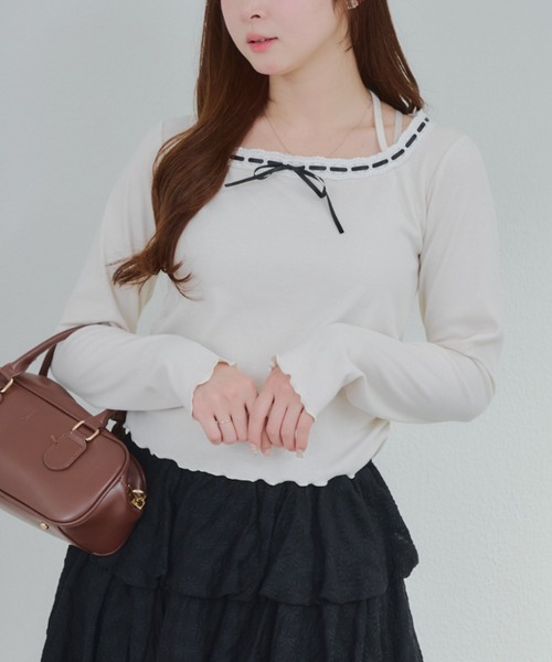 continuer de NICE CLAUP（コンティニューデナイスクラップ）の「衿レースリボンテレコトップス（Tシャツ/カットソー・レディース・その他11/ドット/アイボリー/ブラック・FREE）」の22枚目の写真