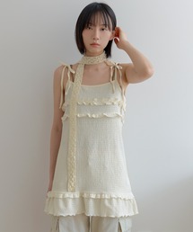 【UNE ORIGINAL】【レイヤードにも!】【肩紐調節可能】ダブルフリルリボンキャミワンピース