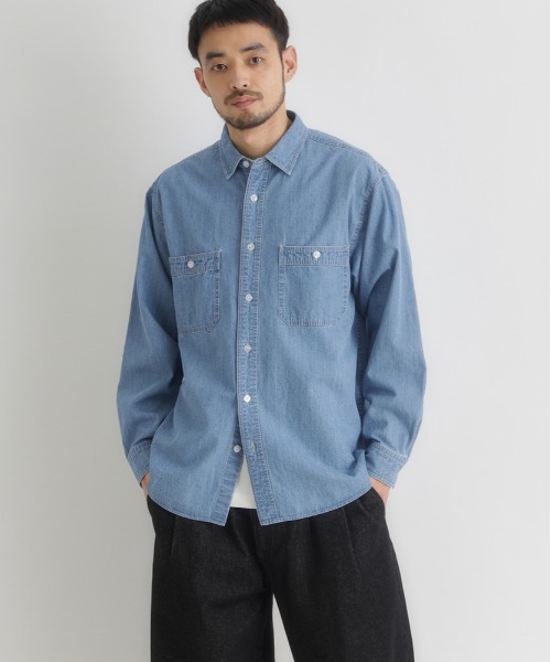 BACK NUMBER（バックナンバー）の「【BACK NUMBER】デニム ロングスリーブ シャツ (ボックスシルエット / アウトドアにも最適 / カジュアルスタイル)（シャツ/ブラウス・メンズ・ブラック/ライトインディゴブルー/ダークインディゴブルー・M/L/S/XL）」の13枚目の写真