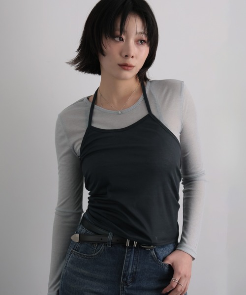 Ulysses(ユリシス)の「【2枚セット】シアーカットソー×ホルターネックキャミ(Tシャツ/カットソー・レディース・ダークグレー/イエロー・F)」の1枚目の写真