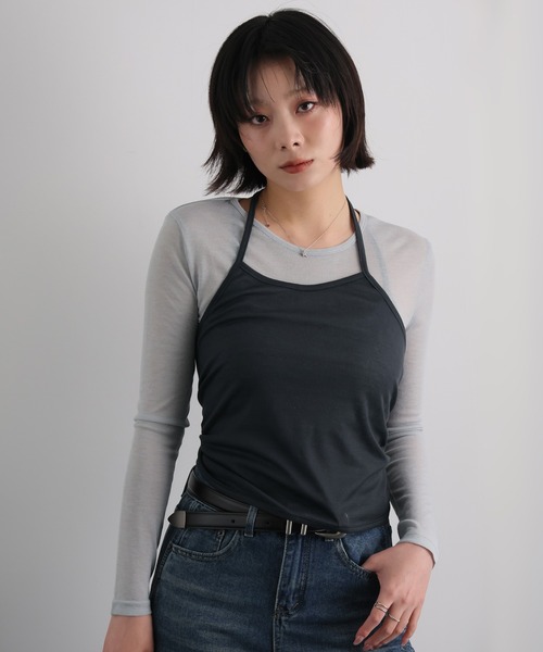 Ulysses(ユリシス)の「【2枚セット】シアーカットソー×ホルターネックキャミ(Tシャツ/カットソー・レディース・ダークグレー/イエロー・F)」の6枚目の写真
