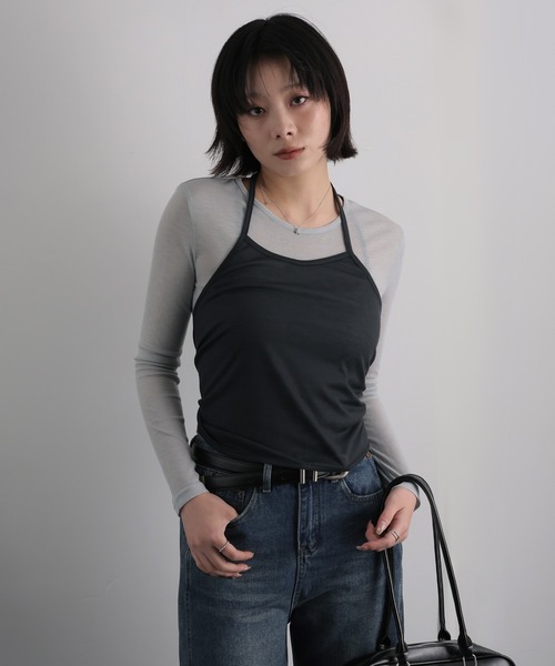 Ulysses(ユリシス)の「【2枚セット】シアーカットソー×ホルターネックキャミ(Tシャツ/カットソー・レディース・ダークグレー/イエロー・F)」の8枚目の写真