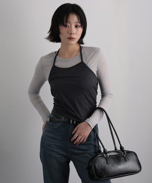 Ulysses(ユリシス)の「【2枚セット】シアーカットソー×ホルターネックキャミ(Tシャツ/カットソー・レディース・ダークグレー/イエロー・F)」の9枚目の写真