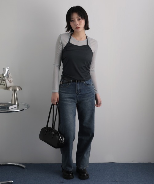 Ulysses(ユリシス)の「【2枚セット】シアーカットソー×ホルターネックキャミ(Tシャツ/カットソー・レディース・ダークグレー/イエロー・F)」の3枚目の写真