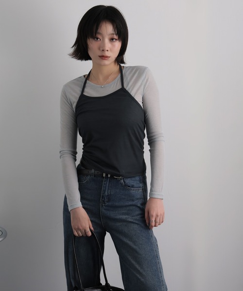 Ulysses(ユリシス)の「【2枚セット】シアーカットソー×ホルターネックキャミ(Tシャツ/カットソー・レディース・ダークグレー/イエロー・F)」の12枚目の写真