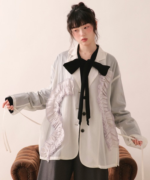 loin nuit（ロワンニュイ）の「sheer color scheme frill jacket / シアーカラースキームフリルジャケット（テーラードジャケット・レディース・ネイビー/ライトグリーン/アイボリー・FREE）」の2枚目の写真