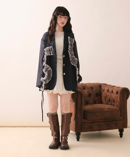 loin nuit（ロワンニュイ）の「sheer color scheme frill jacket / シアーカラースキームフリルジャケット（テーラードジャケット・レディース・ネイビー/ライトグリーン/アイボリー・FREE）」の12枚目の写真