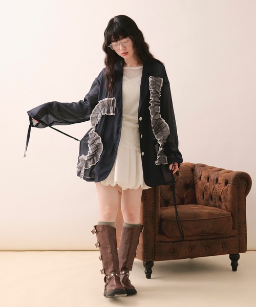 loin nuit（ロワンニュイ）の「sheer color scheme frill jacket / シアーカラースキームフリルジャケット（テーラードジャケット・レディース・ネイビー/ライトグリーン/アイボリー・FREE）」の13枚目の写真