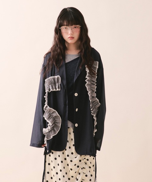 loin nuit（ロワンニュイ）の「sheer color scheme frill jacket / シアーカラースキームフリルジャケット（テーラードジャケット・レディース・ネイビー/ライトグリーン/アイボリー・FREE）」の9枚目の写真