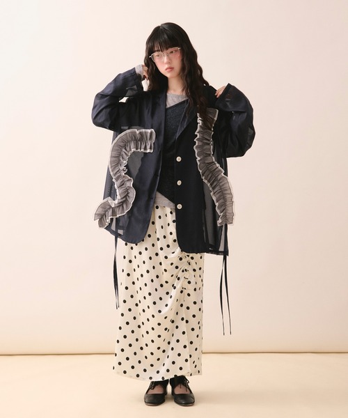 loin nuit（ロワンニュイ）の「sheer color scheme frill jacket / シアーカラースキームフリルジャケット（テーラードジャケット・レディース・ネイビー/ライトグリーン/アイボリー・FREE）」の4枚目の写真