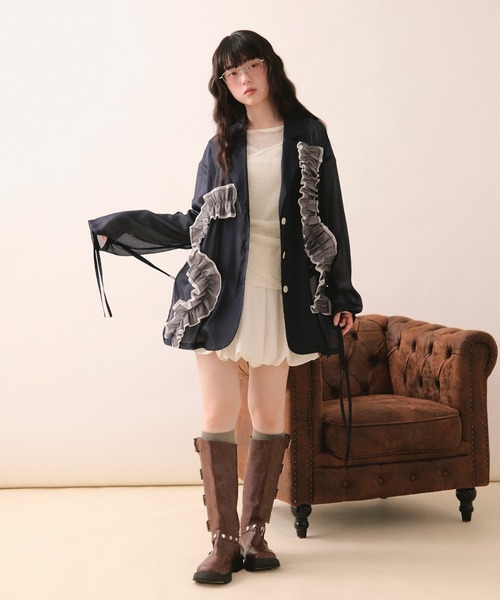 loin nuit（ロワンニュイ）の「sheer color scheme frill jacket / シアーカラースキームフリルジャケット（テーラードジャケット・レディース・ネイビー/ライトグリーン/アイボリー・FREE）」の14枚目の写真