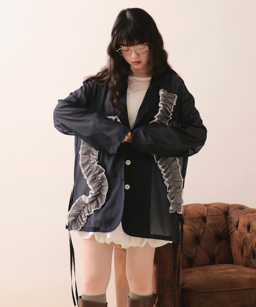 loin nuit（ロワンニュイ）の「sheer color scheme frill jacket / シアーカラースキームフリルジャケット（テーラードジャケット・レディース・ネイビー/ライトグリーン/アイボリー・FREE）」の6枚目の写真