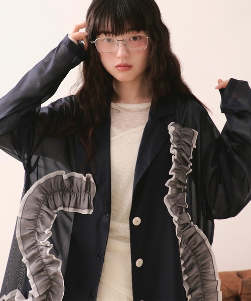 loin nuit（ロワンニュイ）の「sheer color scheme frill jacket / シアーカラースキームフリルジャケット（テーラードジャケット・レディース・ネイビー/ライトグリーン/アイボリー・FREE）」の15枚目の写真
