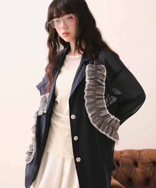 loin nuit（ロワンニュイ）の「sheer color scheme frill jacket / シアーカラースキームフリルジャケット（テーラードジャケット・レディース・ネイビー/ライトグリーン/アイボリー・FREE）」の17枚目の写真