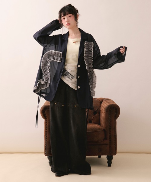loin nuit（ロワンニュイ）の「sheer color scheme frill jacket / シアーカラースキームフリルジャケット（テーラードジャケット・レディース・ネイビー/ライトグリーン/アイボリー・FREE）」の8枚目の写真
