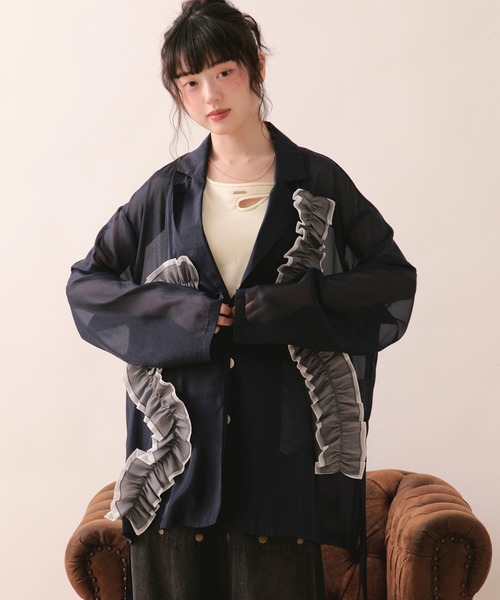 loin nuit（ロワンニュイ）の「sheer color scheme frill jacket / シアーカラースキームフリルジャケット（テーラードジャケット・レディース・ネイビー/ライトグリーン/アイボリー・FREE）」の20枚目の写真