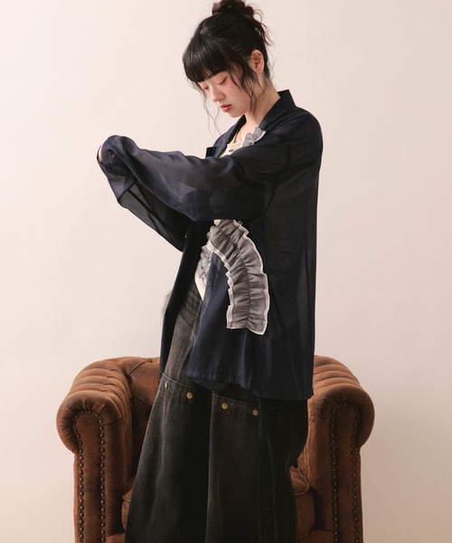 loin nuit（ロワンニュイ）の「sheer color scheme frill jacket / シアーカラースキームフリルジャケット（テーラードジャケット・レディース・ネイビー/ライトグリーン/アイボリー・FREE）」の21枚目の写真