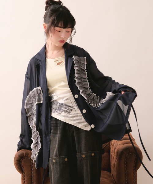 loin nuit（ロワンニュイ）の「sheer color scheme frill jacket / シアーカラースキームフリルジャケット（テーラードジャケット・レディース・ネイビー/ライトグリーン/アイボリー・FREE）」の22枚目の写真