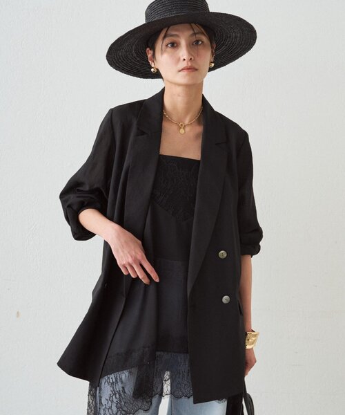 loungedress リネンライクシアージャケット ブラック リネンライクシアージャケット（テーラードジャケット）｜LOUNGEDRESS
