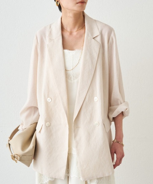 LOUNGEDRESS（ラウンジドレス）の「リネンライクシアージャケット（テーラードジャケット・レディース・ベージュ/ブラック/アイボリー/ピンク/グレー・FREE）」の2枚目の写真