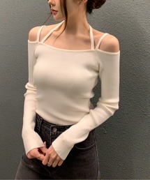 ダブルストラップ オフショルリブトップス