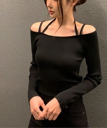 ダブルストラップ オフショルリブトップス