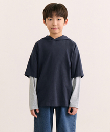 オーバーサイズフードレイヤード長袖Tシャツ [ネイビー/メランジグレー]