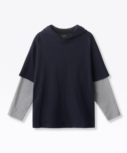MUSINSA STANDARD KIDS（ムシンサスタンダードキッズ）の「オーバーサイズフードレイヤード長袖Tシャツ [ネイビー/メランジグレー]（パーカー・レディース・その他・150/160/140/110/120/130/100）」の2枚目の写真