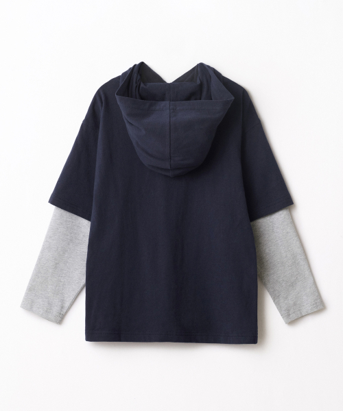 MUSINSA STANDARD KIDS（ムシンサスタンダードキッズ）の「オーバーサイズフードレイヤード長袖Tシャツ [ネイビー/メランジグレー]（パーカー・レディース・その他・150/160/140/110/120/130/100）」の3枚目の写真