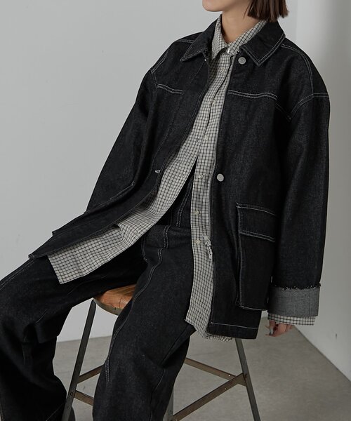 goocy（グーシー）の「【セットアップ対応】デニムミドルカバーオール（デニムジャケット・レディース・ブラック・FREE）」の2枚目の写真