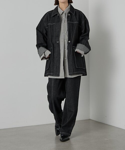 goocy（グーシー）の「【セットアップ対応】デニムミドルカバーオール（デニムジャケット・レディース・ブラック・FREE）」の3枚目の写真