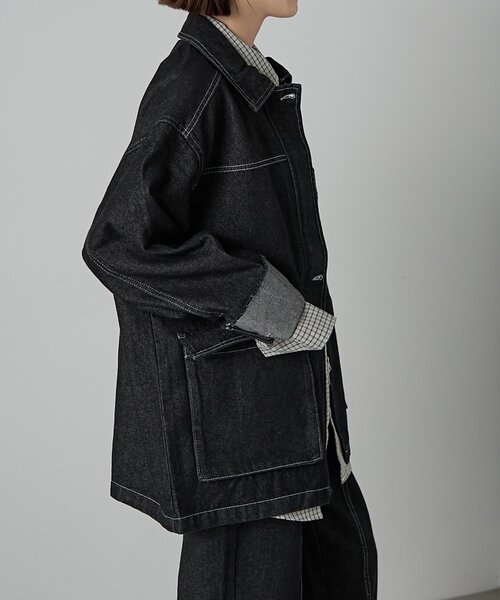 goocy（グーシー）の「【セットアップ対応】デニムミドルカバーオール（デニムジャケット・レディース・ブラック・FREE）」の5枚目の写真