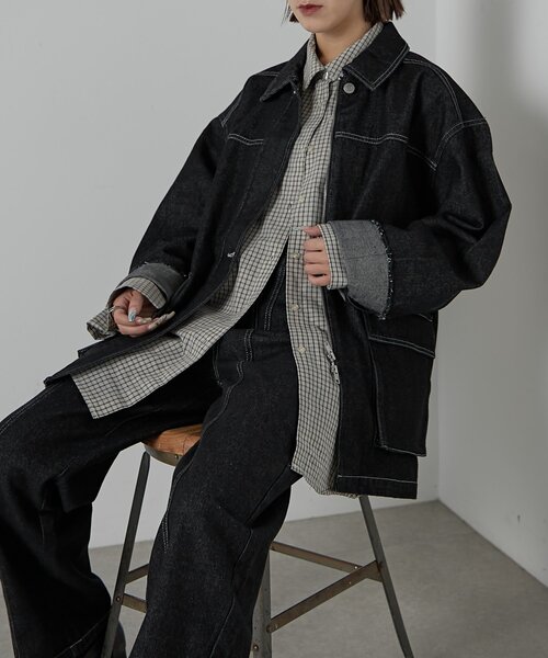 goocy（グーシー）の「【セットアップ対応】デニムミドルカバーオール（デニムジャケット・レディース・ブラック・FREE）」の9枚目の写真