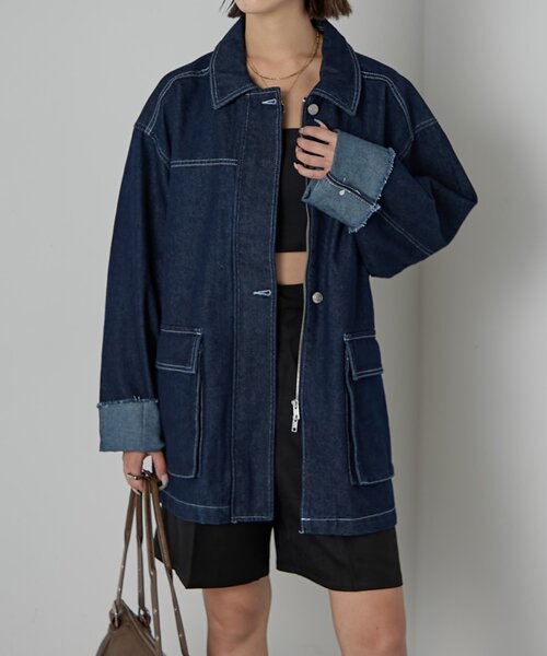 goocy（グーシー）の「【セットアップ対応】デニムミドルカバーオール（デニムジャケット・レディース・ブラック・FREE）」の14枚目の写真