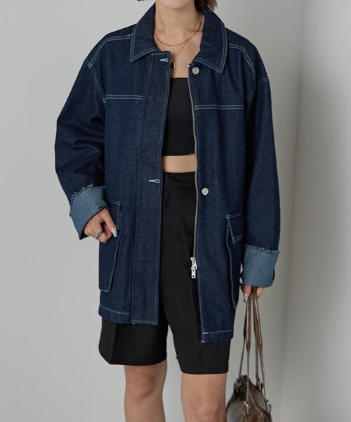 goocy（グーシー）の「【セットアップ対応】デニムミドルカバーオール（デニムジャケット・レディース・ブラック・FREE）」の15枚目の写真