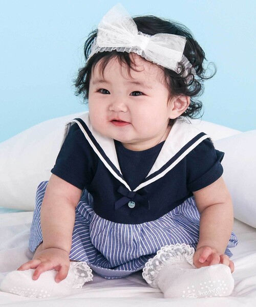 【新品未使用】】MARLMARL 水玉 セーラー襟 ベビー服 セール】【マリンシリーズ】セーラー襟スカラップワンピース＋ブルマ