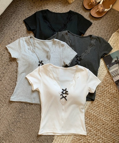 lilful(リルフル)の「【26年春夏新作】【カップ付き】Vネック レースリボン 半袖ピチT(Tシャツ/カットソー・レディース・ホワイト/ライトグレー/ダークグレー/ブラック・F)」の18枚目の写真