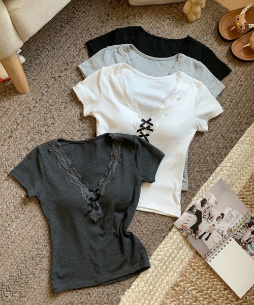 lilful(リルフル)の「【26年春夏新作】【カップ付き】Vネック レースリボン 半袖ピチT(Tシャツ/カットソー・レディース・ホワイト/ライトグレー/ダークグレー/ブラック・F)」の19枚目の写真