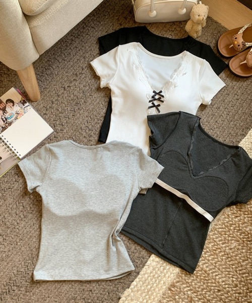 lilful(リルフル)の「【26年春夏新作】【カップ付き】Vネック レースリボン 半袖ピチT(Tシャツ/カットソー・レディース・ホワイト/ライトグレー/ダークグレー/ブラック・F)」の20枚目の写真