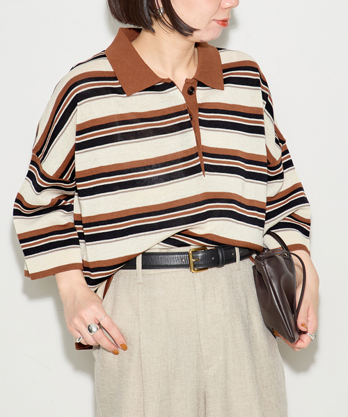journal standard L'essage(ジャーナルスタンダードレサージュ)の「ボーダー襟つきニット(ニット/セーター・レディース・ブラウン/ブラック・FREE)」の2枚目の写真