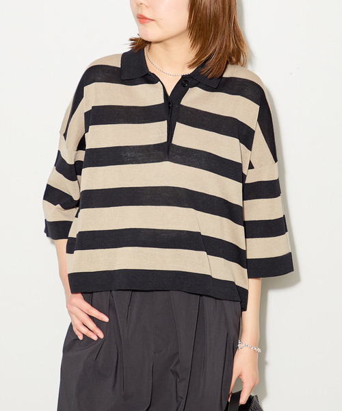 journal standard L'essage(ジャーナルスタンダードレサージュ)の「ボーダー襟つきニット(ニット/セーター・レディース・ブラウン/ブラック・FREE)」の1枚目の写真