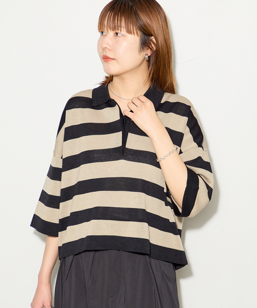 journal standard L'essage(ジャーナルスタンダードレサージュ)の「ボーダー襟つきニット(ニット/セーター・レディース・ブラウン/ブラック・FREE)」の4枚目の写真