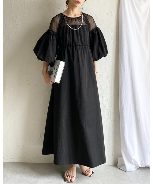 She's Closet(シーズクローゼット)の「チュールシアー トップス ドッキング ボリュームスリーブ ロングワンピース(ワンピース・レディース・アイボリー/チャコールグレー/ブラック・FREE)」の1枚目の写真