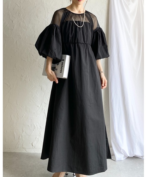 She's Closet(シーズクローゼット)の「チュールシアー トップス ドッキング ボリュームスリーブ ロングワンピース(ワンピース・レディース・アイボリー/チャコールグレー/ブラック・FREE)」の13枚目の写真