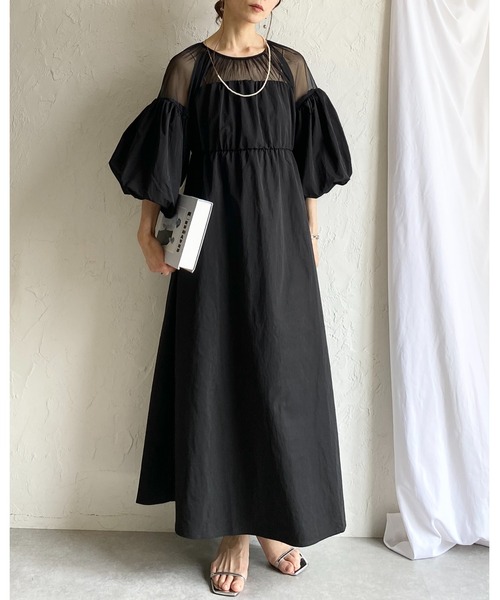 She's Closet(シーズクローゼット)の「チュールシアー トップス ドッキング ボリュームスリーブ ロングワンピース(ワンピース・レディース・アイボリー/チャコールグレー/ブラック・FREE)」の14枚目の写真