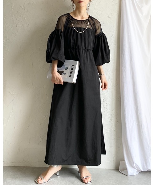 She's Closet(シーズクローゼット)の「チュールシアー トップス ドッキング ボリュームスリーブ ロングワンピース(ワンピース・レディース・アイボリー/チャコールグレー/ブラック・FREE)」の15枚目の写真