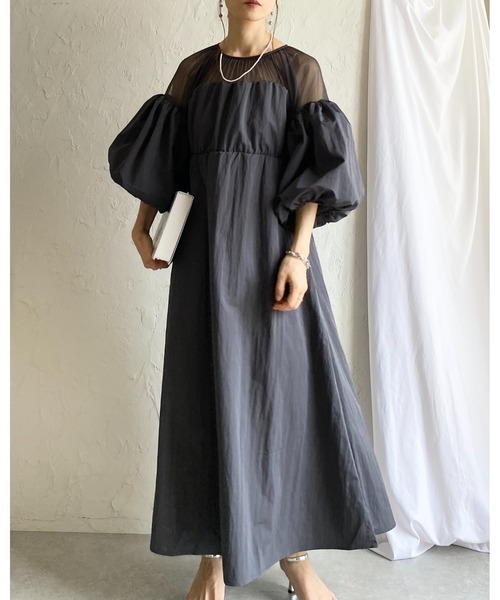 She's Closet(シーズクローゼット)の「チュールシアー トップス ドッキング ボリュームスリーブ ロングワンピース(ワンピース・レディース・アイボリー/チャコールグレー/ブラック・FREE)」の17枚目の写真