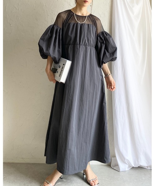 She's Closet(シーズクローゼット)の「チュールシアー トップス ドッキング ボリュームスリーブ ロングワンピース(ワンピース・レディース・アイボリー/チャコールグレー/ブラック・FREE)」の18枚目の写真